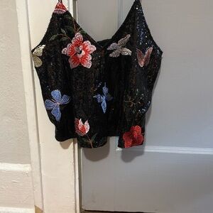 Floral Embroidered Sequin Black Cami Top